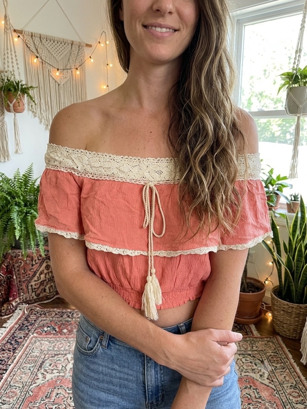 Flying Tomato Coral Top with Cream Lace